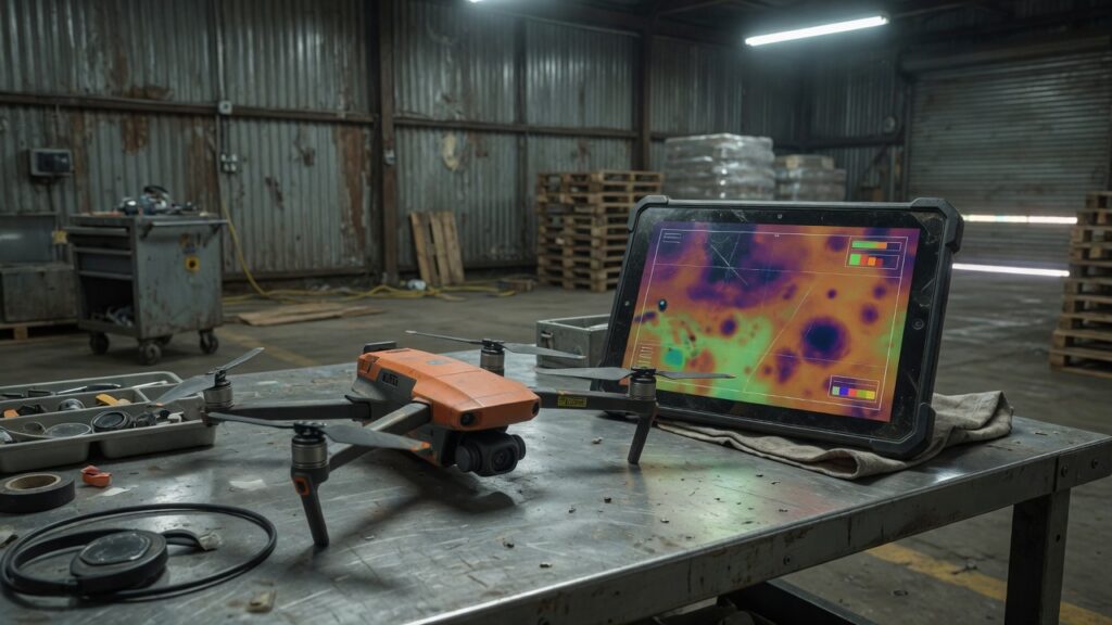 Inspection drone on a work table beside a rugged tablet
