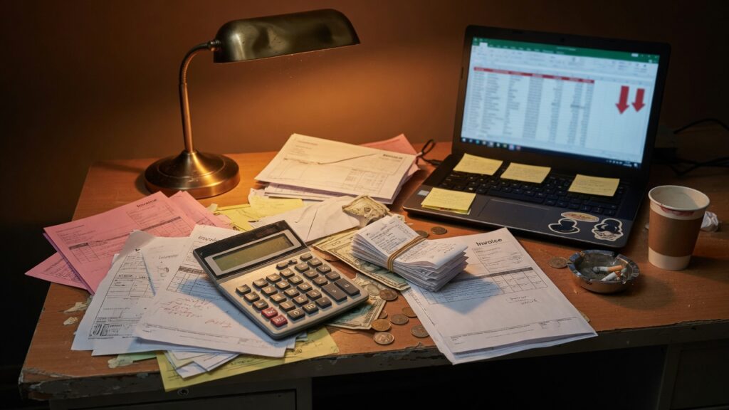 Invoices and a calculator on a contractor office desk