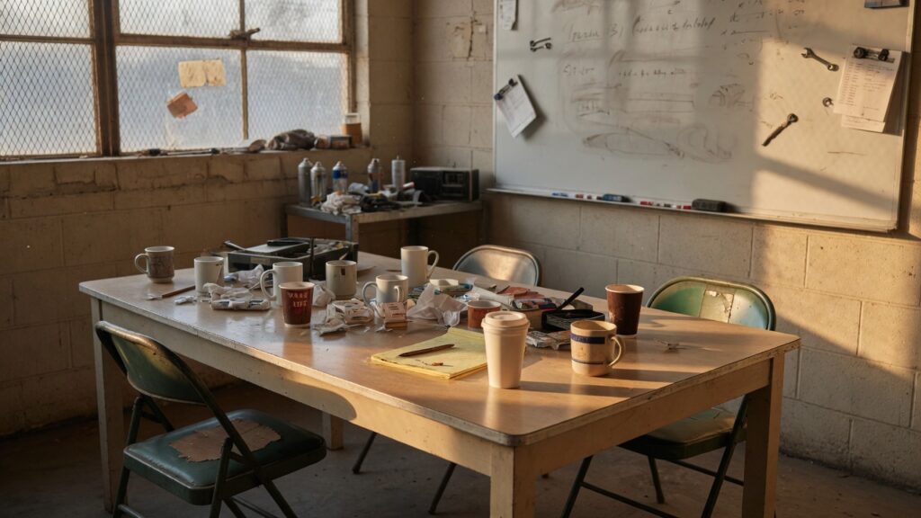 Shop break table with coffee cups and empty chairs