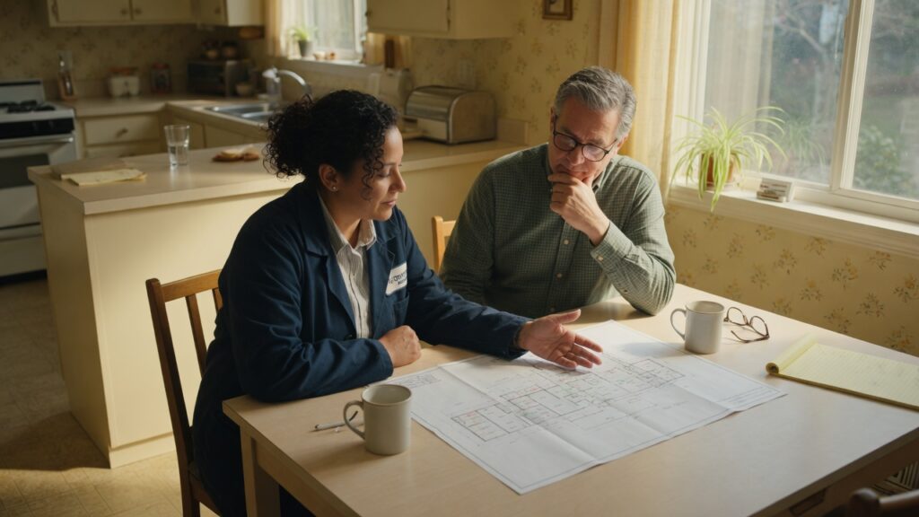 Project manager reviewing a plan with a homeowner at a kitchen table
