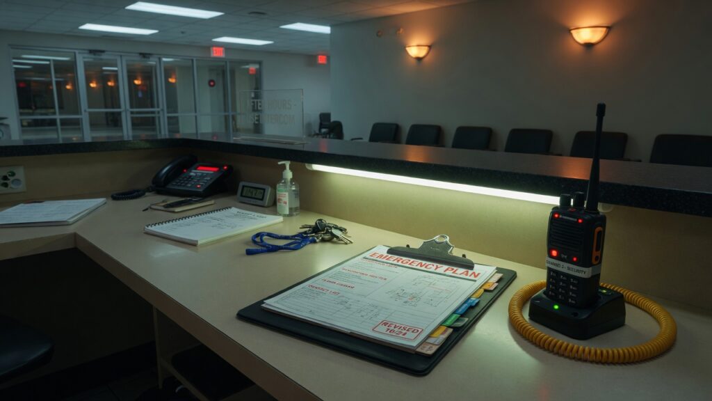 Clipboard emergency plan on a commercial lobby desk