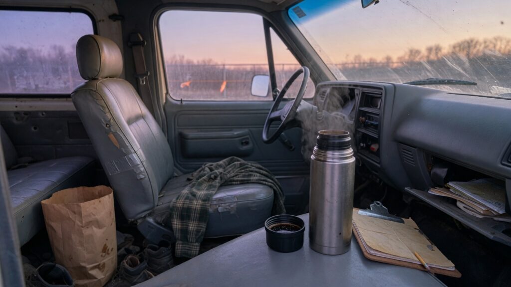 Empty restoration van passenger seat and thermos at dawn