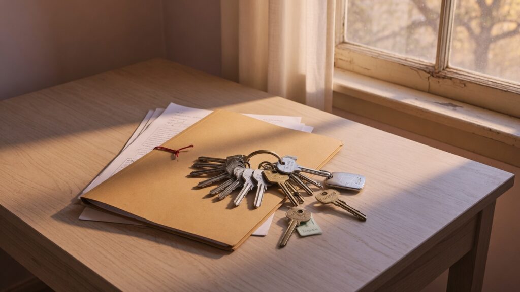 Office keys and a closed folder on a wood desk