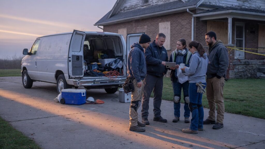 Restoration crew huddle in a driveway before a job