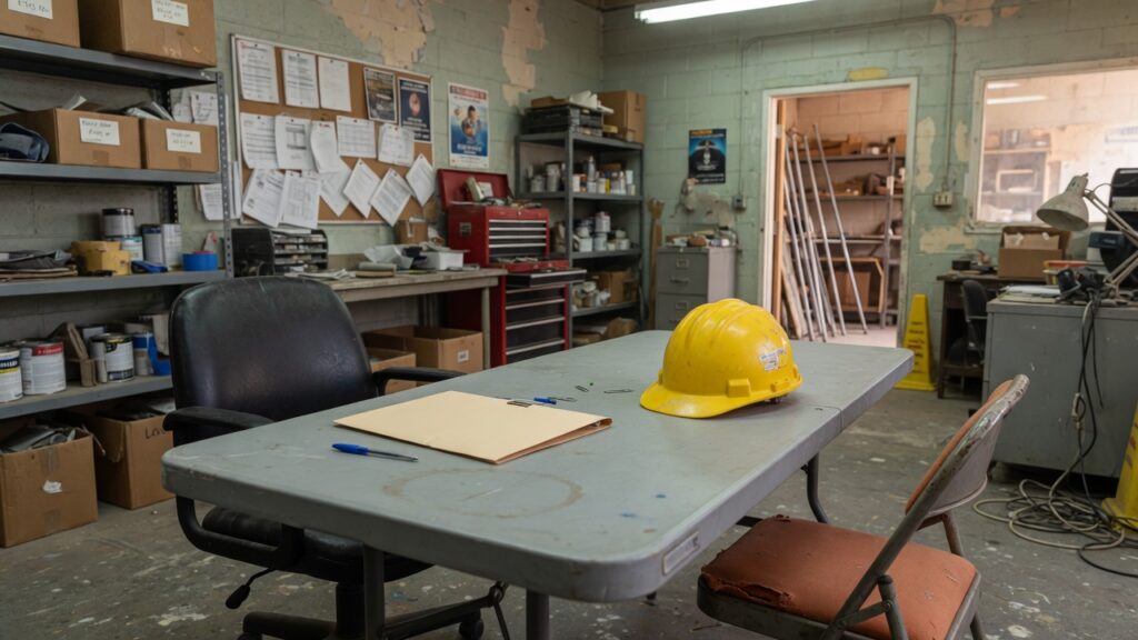 Shop-office interview table with two empty chairs and a hard hat