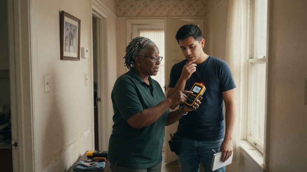 Senior technician mentoring a younger tech with a moisture meter