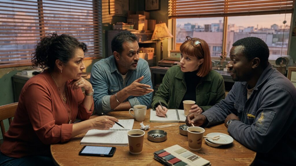Small group of operators around a round table with coffee