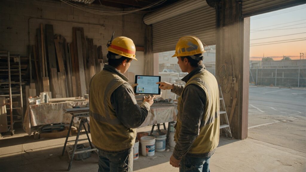 Two restoration workers seen from behind reviewing a tablet in a shop