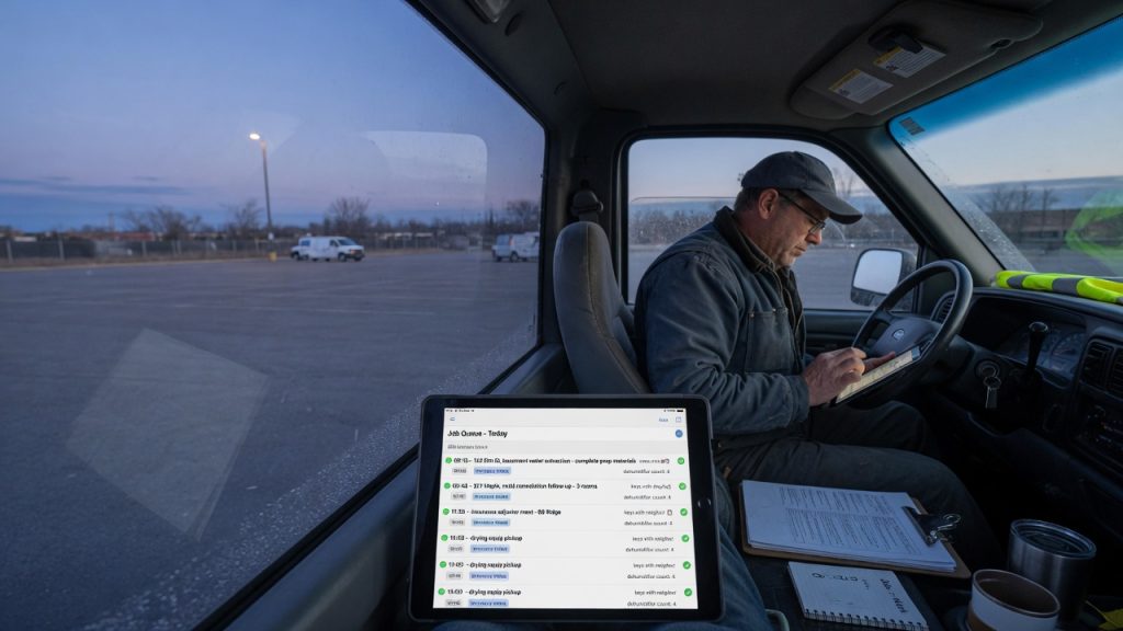 Independent restoration owner reviewing an ordered job queue on a tablet in a work truck before dawn