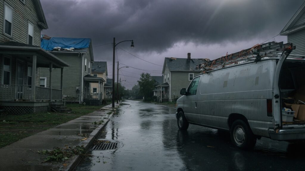 Storm-dark residential street with a van and standing water