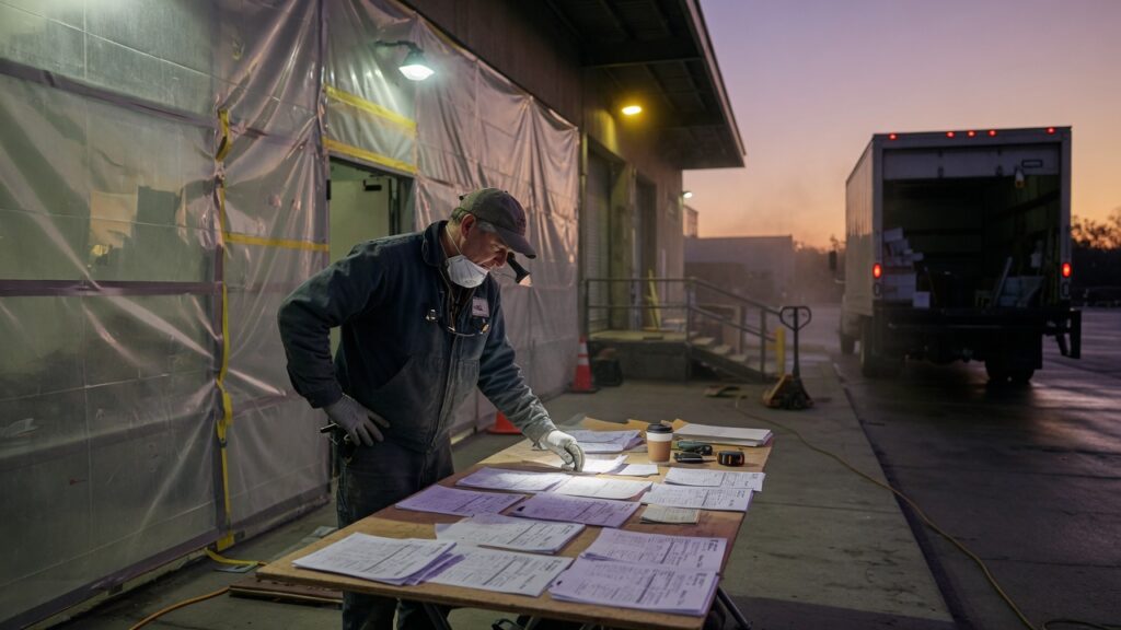 Restoration contractor reviewing papers at a commercial loading dock at dusk