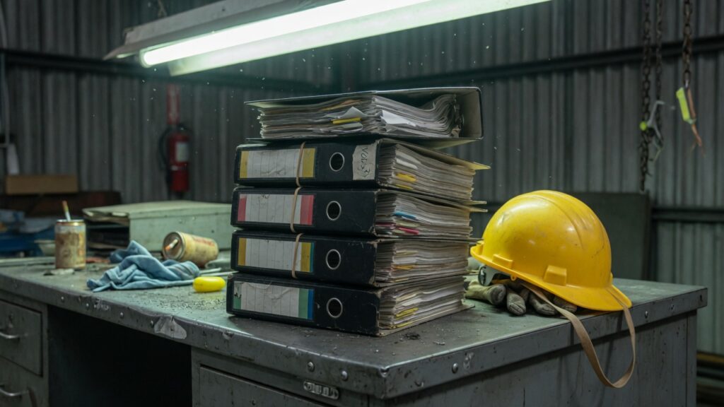 Compliance binders and a hard hat on a metal shop desk