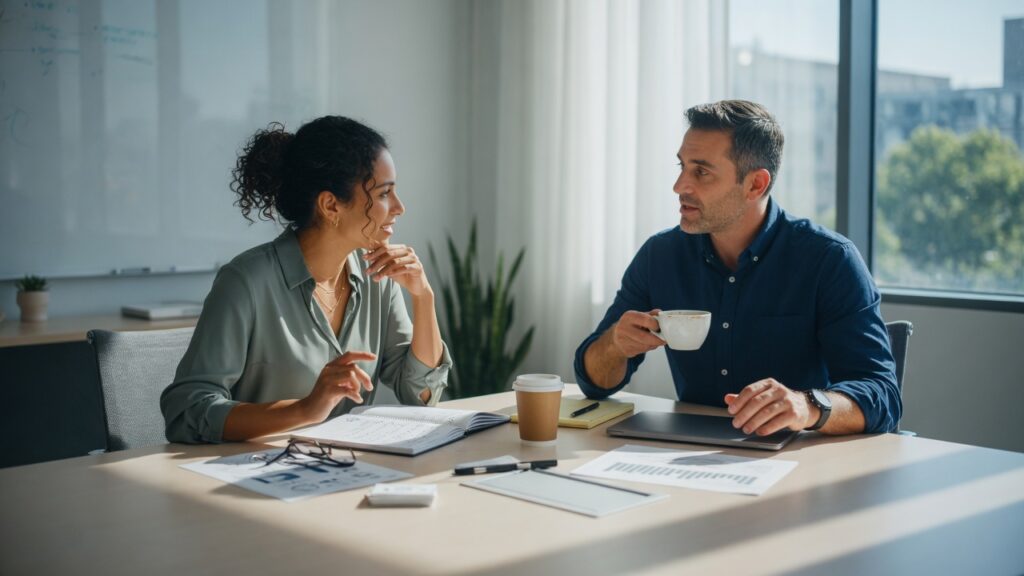 Two people in a sales conversation at a conference table