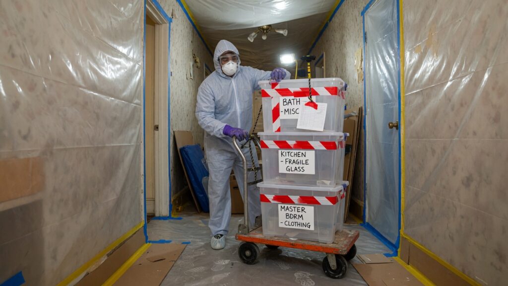 Sealed bins on a dolly in a plastic-contained hallway