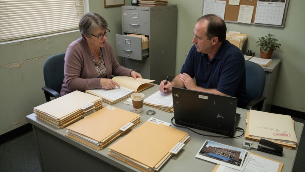 Two people reviewing unlabeled claim folders in a modest office