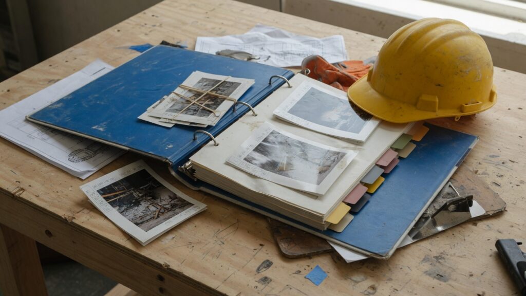 A job-site close-out binder and photo prints on a table