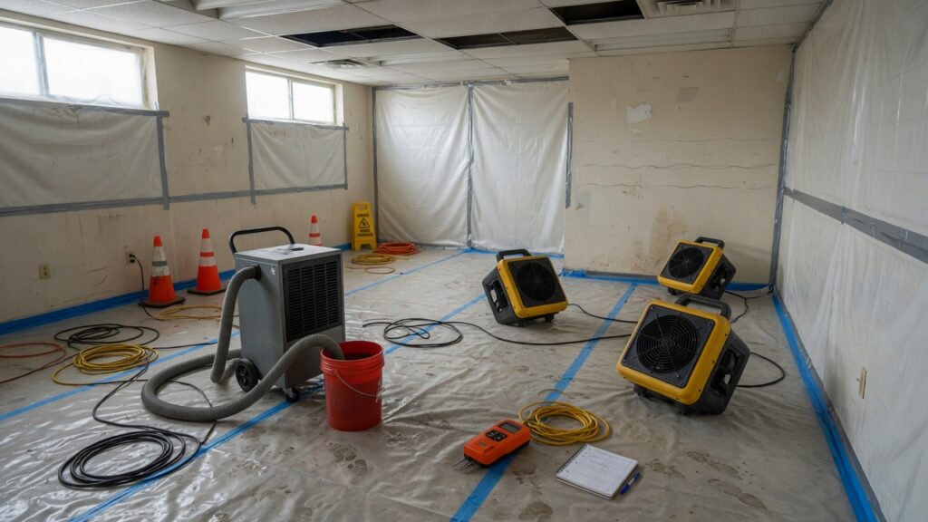 Dehumidifier and air movers on plastic sheeting in an empty room