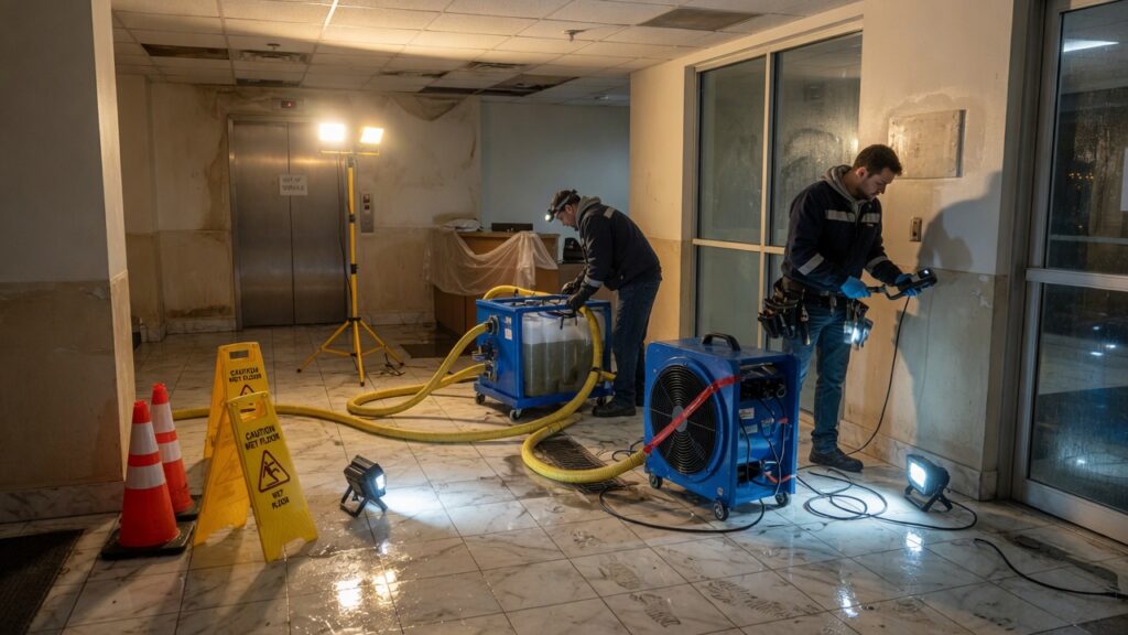 Two restoration technicians extracting water in a commercial lobby