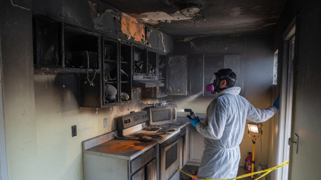 A technician in a respirator inspecting a soot-damaged kitchen