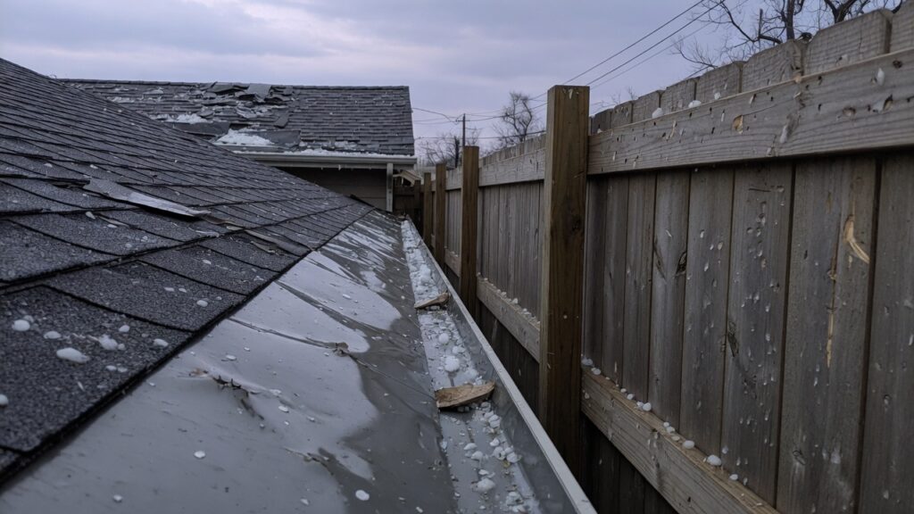 A residential roof and unfinished wood fence after hail