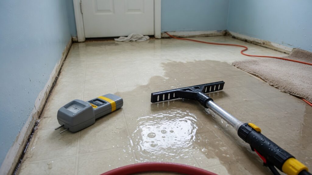 A wet residential floor with extraction equipment