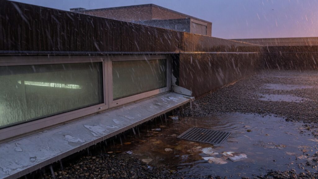 Wind-driven rain on a commercial roof edge and windowsill at twilight