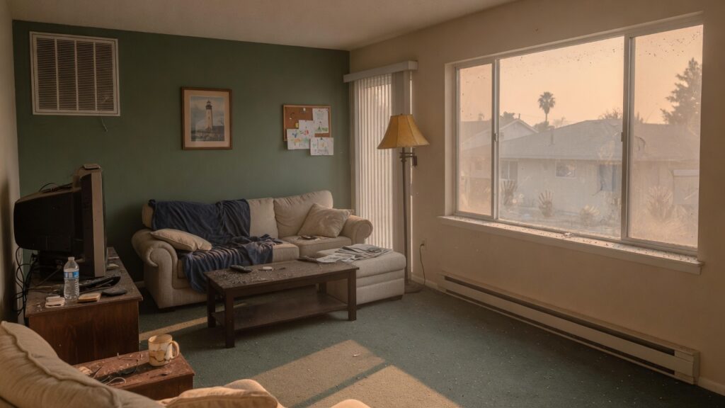 A suburban living room with wildfire haze and ash on the windowsill