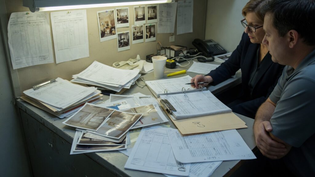 Two people reviewing unlabeled inventory packets at a claims desk