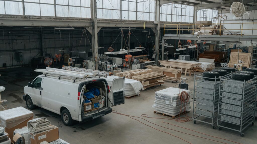 Warehouse bay with drying equipment and a white van