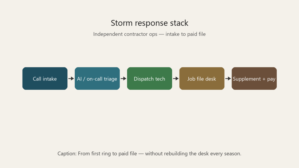 Diagram of storm response stack from call intake through AI triage, dispatch, job file desk, and payment