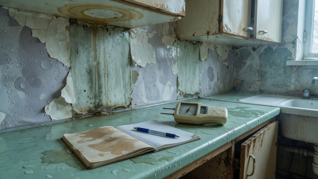 Water-damaged kitchen with a moisture meter on the counter