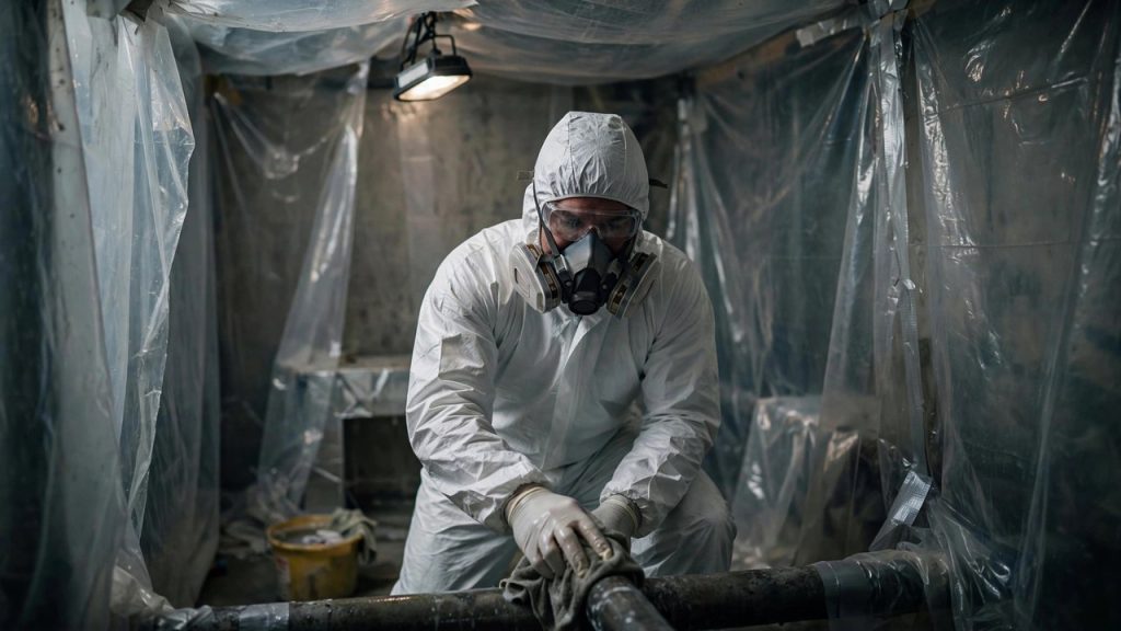 Asbestos abatement worker in Tyvek suit and respirator working inside a sealed plastic containment area