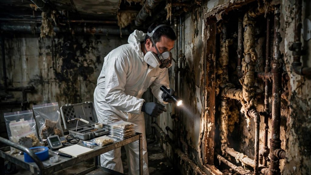 Building surveyor in respirator and coveralls inspecting a basement mechanical room with flashlight
