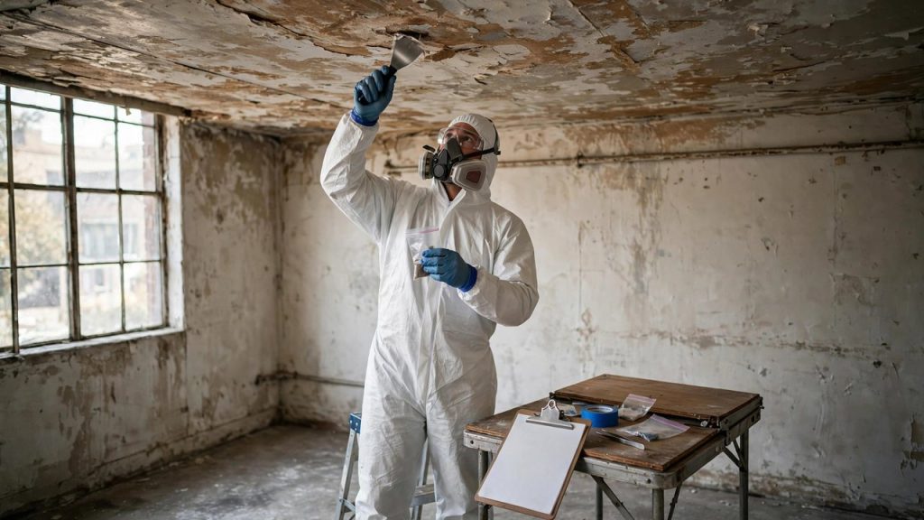 Inspector in Tyvek suit and respirator collecting an asbestos sample from an old building ceiling