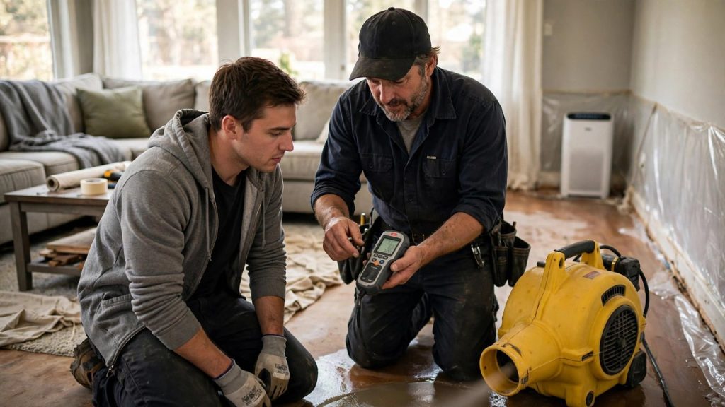 Restoration company owner mentoring a technician beside an air mover during a home drying job