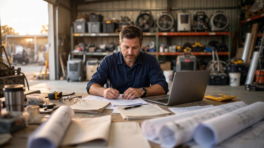 Restoration business owner reviewing job paperwork and laptop at a jobsite office table