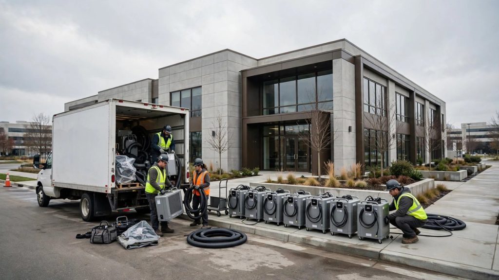 Restoration crew unloading dehumidifiers from a truck outside a commercial office building