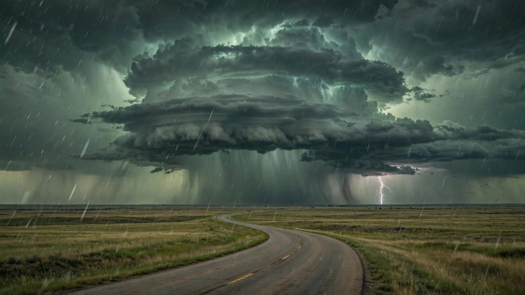 Supercell thunderstorm towering over an empty rural plains highway with lightning in the distance