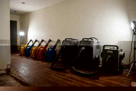 Professional restoration drying equipment — air movers, dehumidifiers, and an air scrubber — lined up in a home