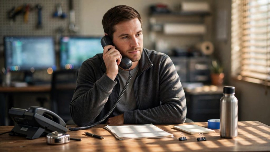 Dispatcher answering a ringing phone at a contractor office desk in morning light