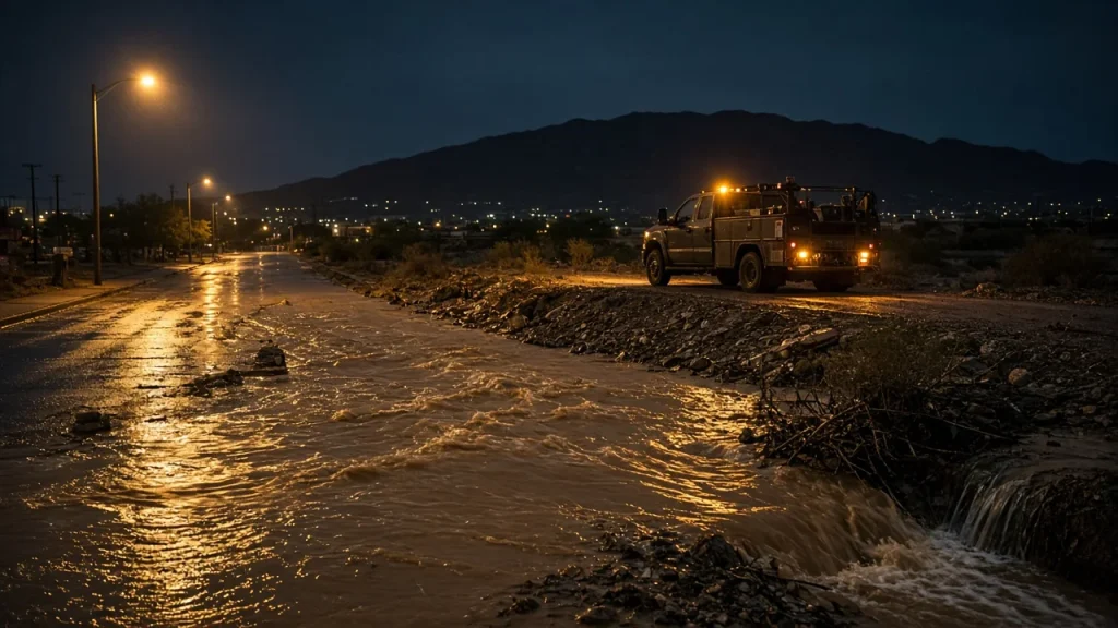 Night street with shallow floodwater and a restoration truck staged on higher ground