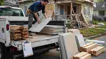Restoration technician unloading lumber and drywall from a work truck at a job site