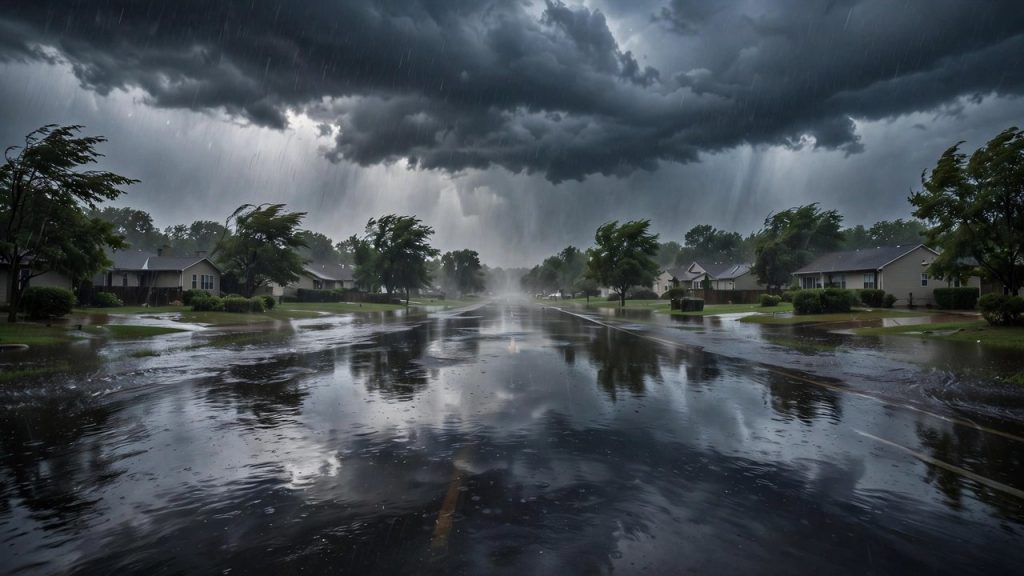 Dark storm clouds and heavy rain over a flooded suburban road reflecting the stormy sky