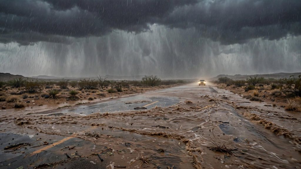 Heavy rain and floodwater flowing across a West Texas desert highway under dark clouds