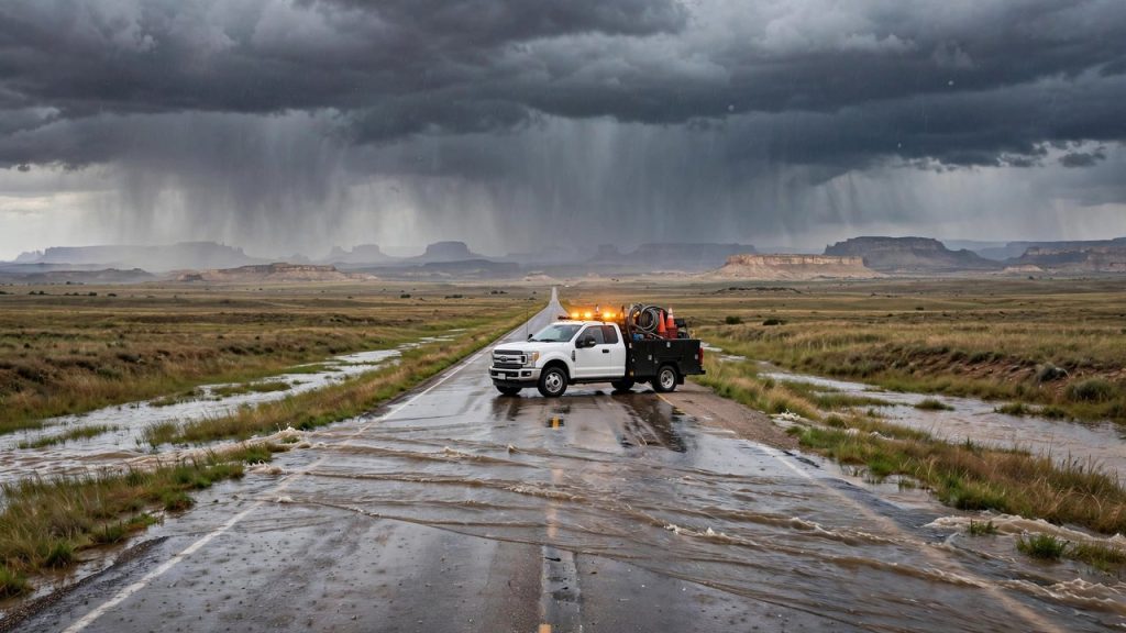 Flooded Texas plains highway under dark storm clouds with contractor pickup on the shoulder
