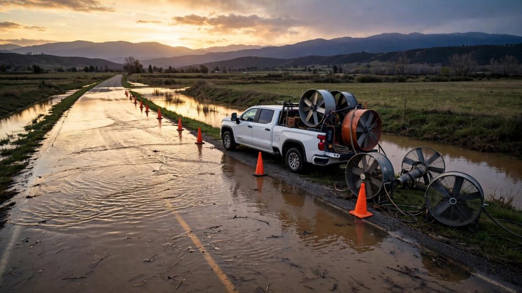 Restoration pickup truck and drying fans beside a flooded rural highway at dusk with mountains behind