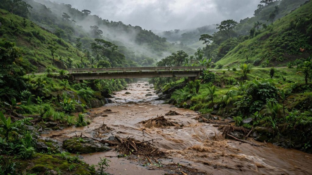 Swollen tropical river of brown floodwater rushing past green hillsides beneath a concrete bridge