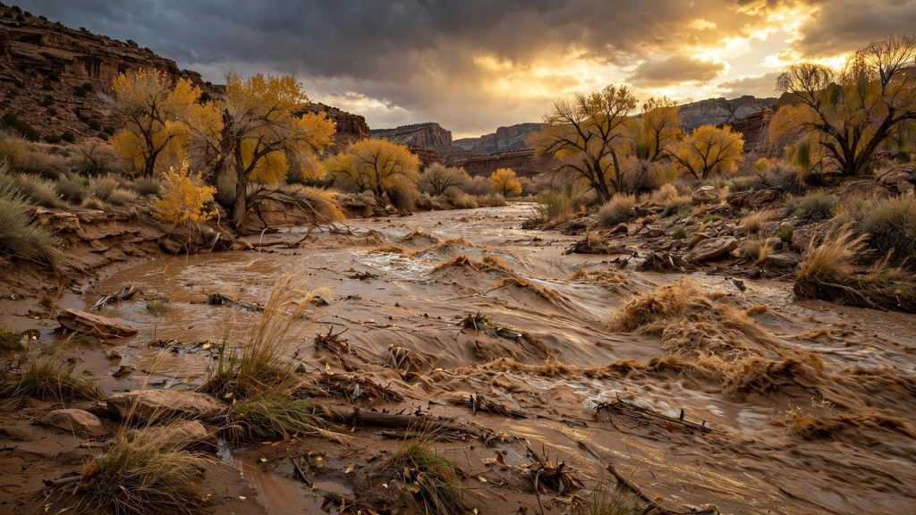 Swollen desert river flooding past cottonwoods in New Mexico at golden hour