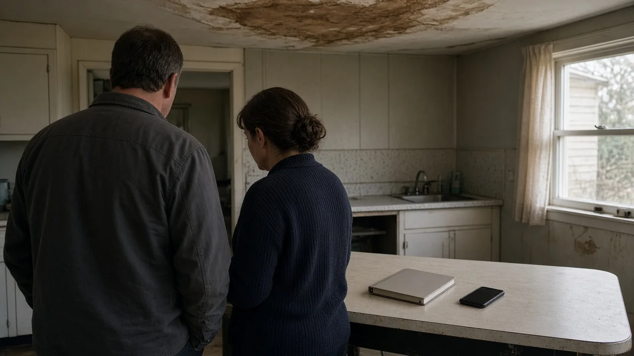 Restoration walkthrough at a kitchen table beneath a water-stained ceiling
