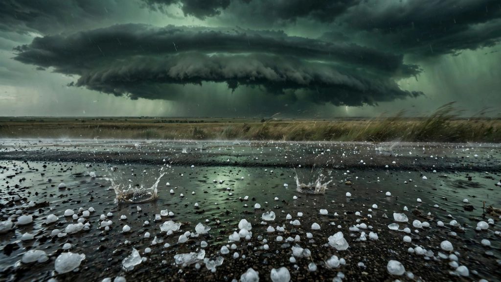 Green-black thunderstorm cloud looming over a prairie road with hail pelting the asphalt